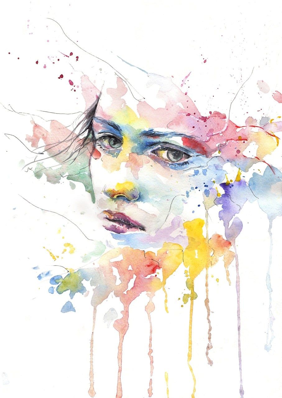 Aquarell eines Frauengesichts in zarten Regenbogenfarben, nach unten in Farbtropfen auslaufend