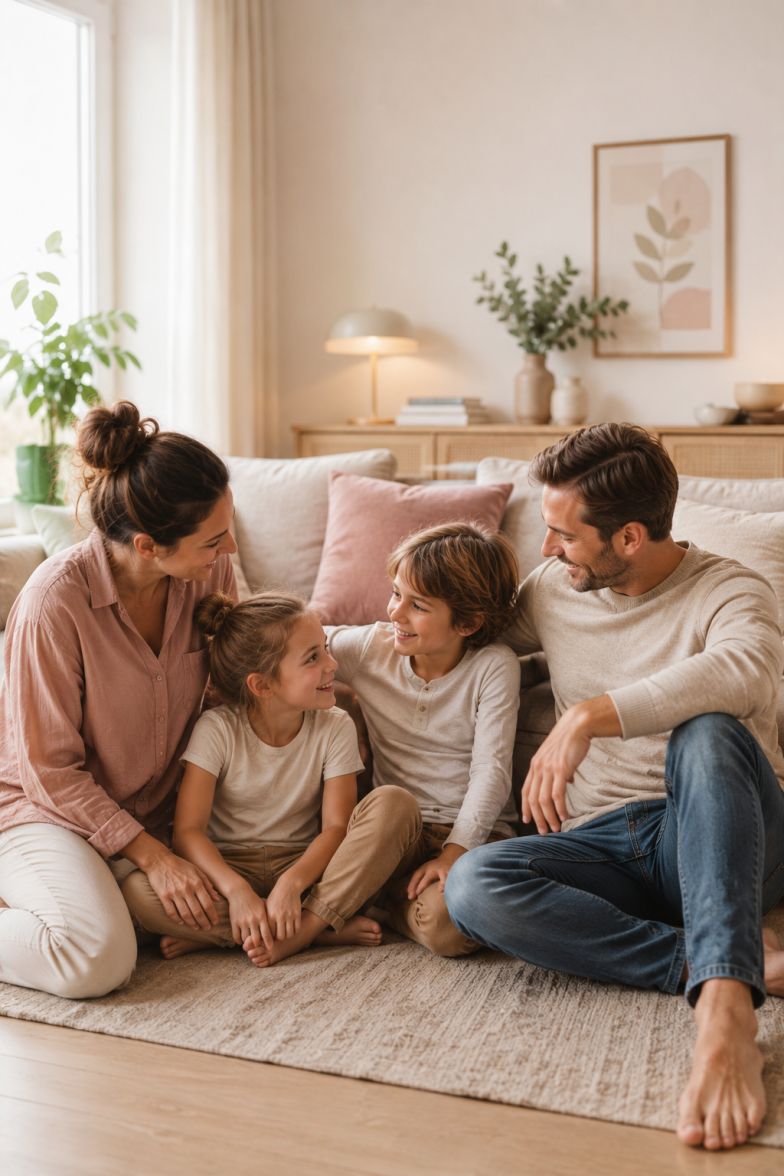 Eltern sitzen mit zwei Kindern lachend im Wohnzimmer auf dem Boden