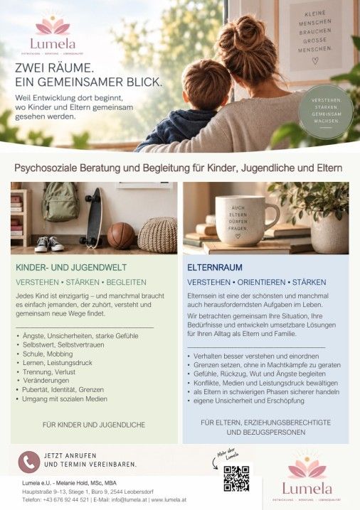 Lumela-Folder „Zwei Räume. Ein gemeinsamer Blick“ zur Kinder- und Jugendwelt und zum Elternraum