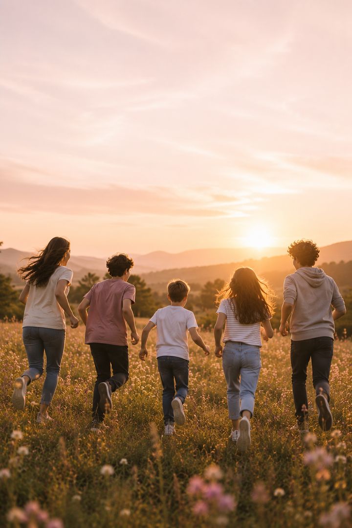 Fünf Kinder laufen bei Sonnenuntergang über eine Blumenwiese