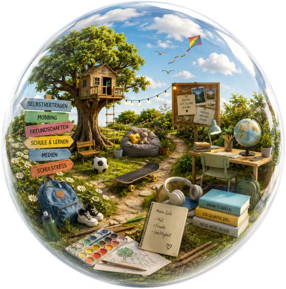 Illustration: Glaskugel mit Baumhaus, Schulbüchern und Wegweisern