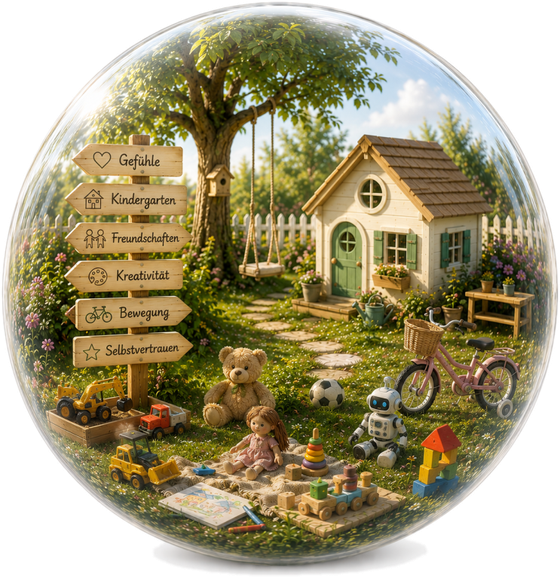 Illustration: Glaskugel mit Spielhaus, Baum, Wegweisern und Spielsachen
