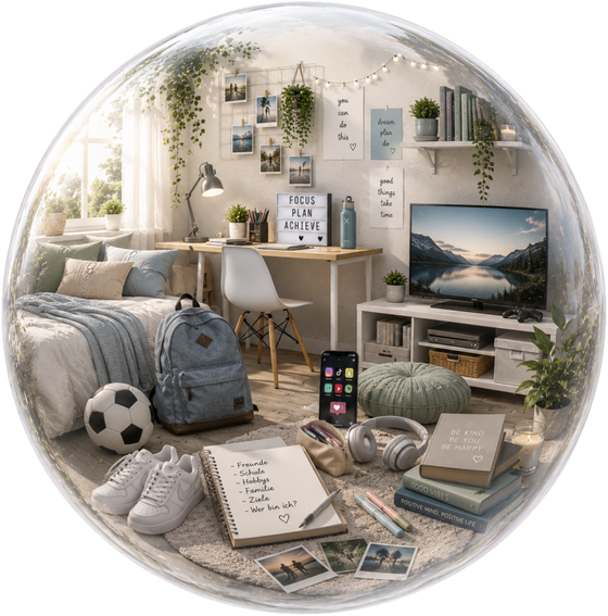 Illustration: Glaskugel mit Jugendzimmer, Schreibtisch, Fußball und Pinnwand
