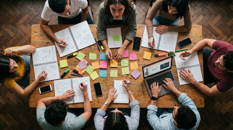 Gruppe arbeitet an einem Holztisch mit Notizbüchern und Haftnotizen